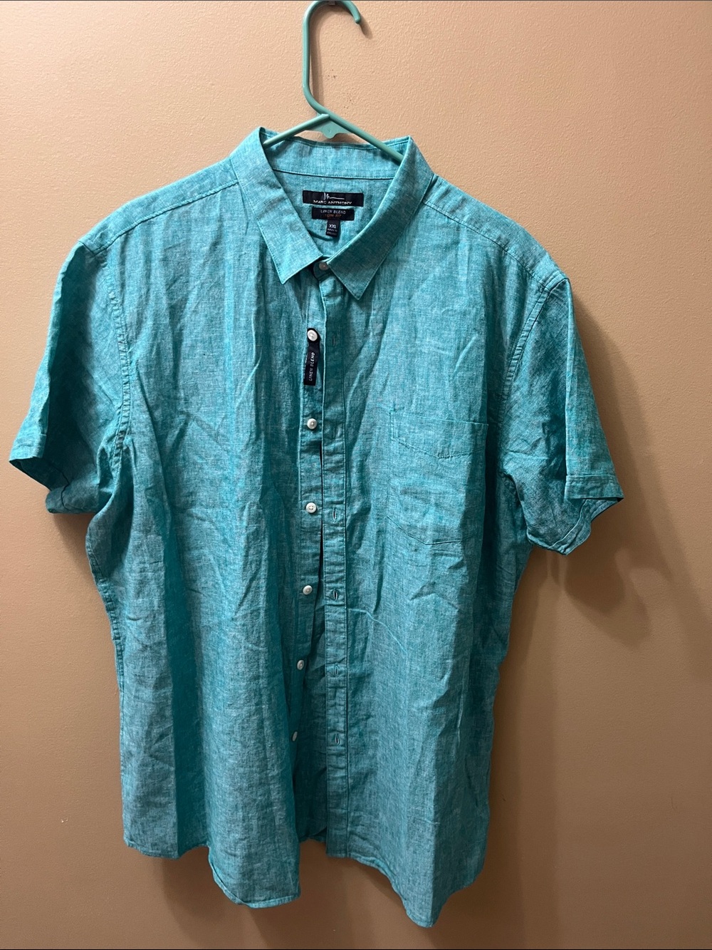Marc Anthony Teal Short-Sleeve Linen Button-Down Shirt